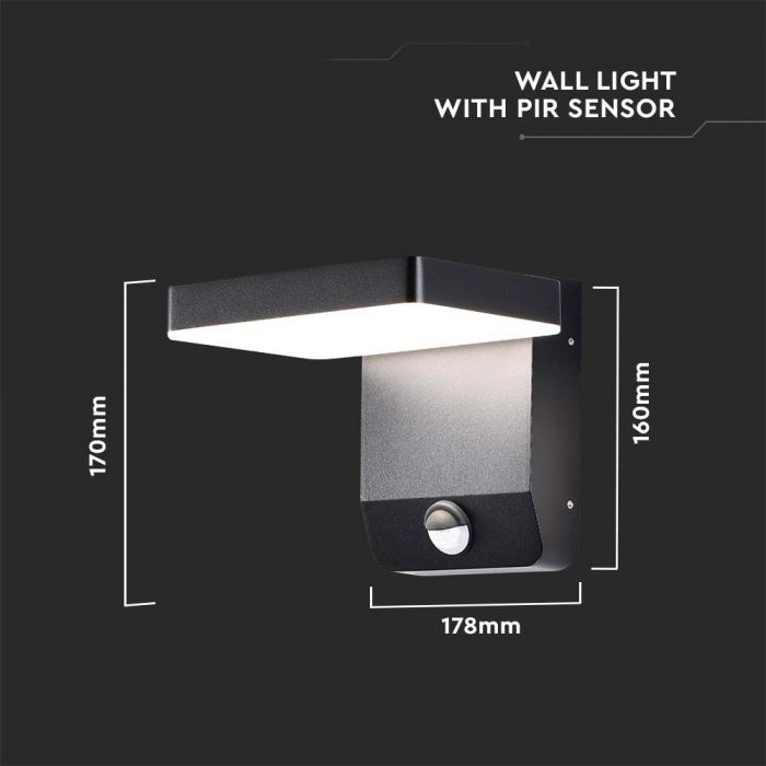 17W(2520Lm) LED Facade light with PIR motion sensor, V-TAC, black, square, IP65, warm white light 3000K