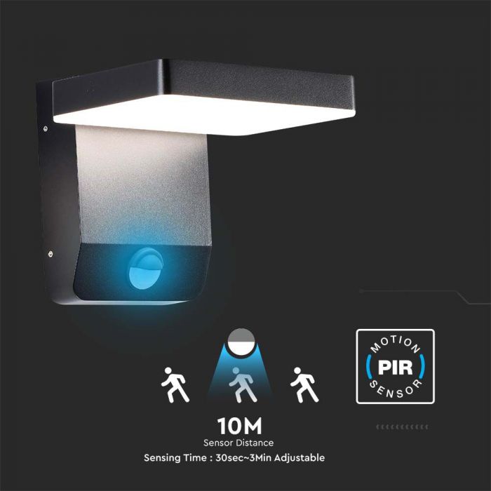 LED fassaadivalgusti PIR liikumisanduriga, V-TAC, must, kandiline, IP65, soe valge valgus 3000K