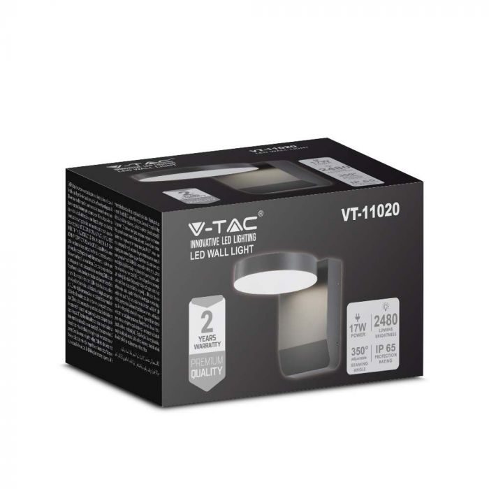 17W(2520Lm) LED Facade light, V-TAC, black, round, IP65, warm white light 3000K