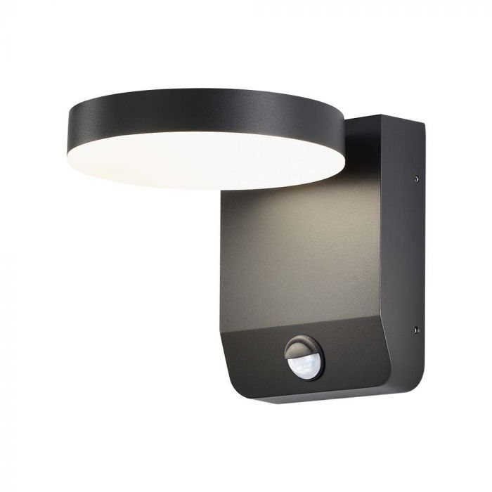 17W(2520Lm) LED Fasādes gaismeklis ar PIR sensoru, V-TAC, melns, apaļš, IP65, silti balta gaisma 3000K