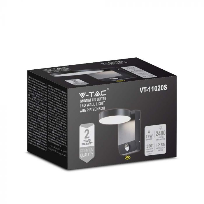 17W (2520Lm) LED-fassaadivalgusti PIR-anduriga, V-TAC, must, ümmargune, IP65, neutraalne valge valgus 4000K
