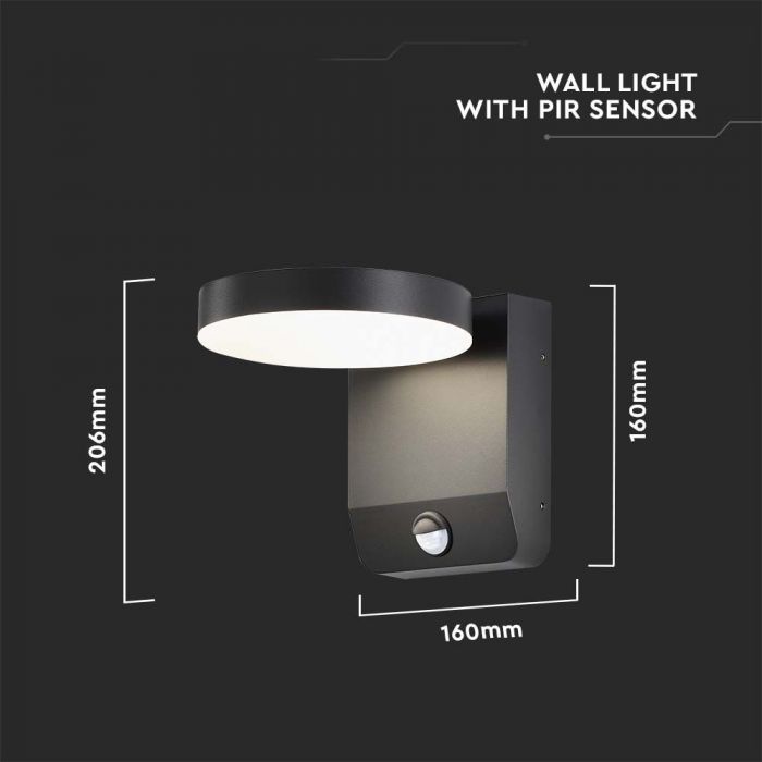 17W (2520Lm) LED-fassaadivalgusti PIR-anduriga, V-TAC, must, ümmargune, IP65, neutraalne valge valgus 4000K