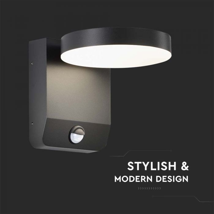 17W(2520Lm) LED Fasādes gaismeklis ar PIR sensoru, V-TAC, melns, apaļš, IP65, silti balta gaisma 3000K