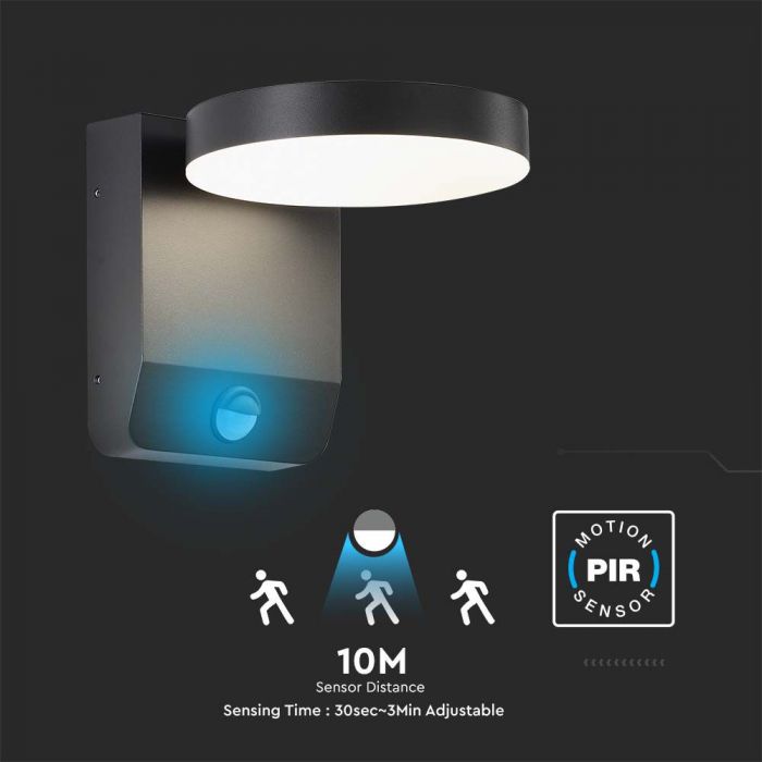 17W(2520Lm) LED Fasādes gaismeklis ar PIR sensoru, V-TAC, melns, apaļš, IP65, silti balta gaisma 3000K