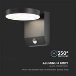 17W(2520Lm) LED Fasādes gaismeklis ar PIR sensoru, V-TAC, melns, apaļš, IP65, silti balta gaisma 3000K