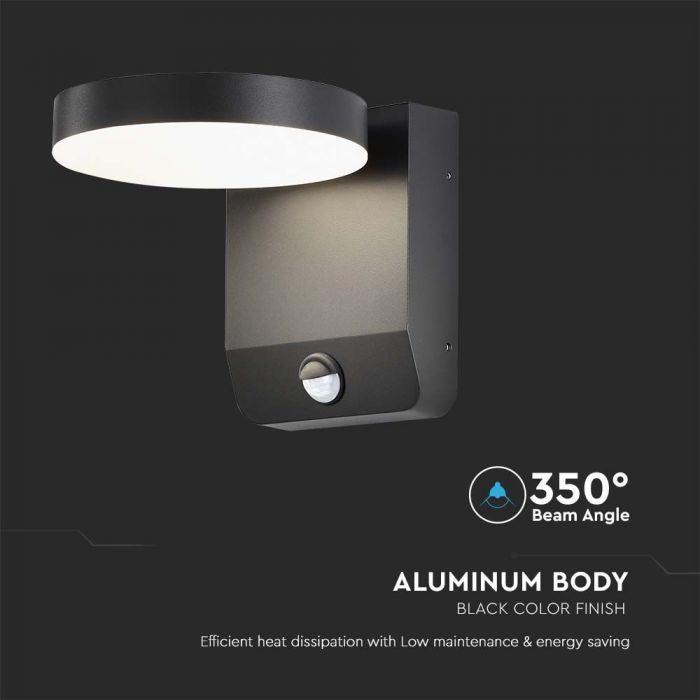 17W(2520Lm) LED Fasādes gaismeklis ar PIR sensoru, V-TAC, melns, apaļš, IP65, silti balta gaisma 3000K