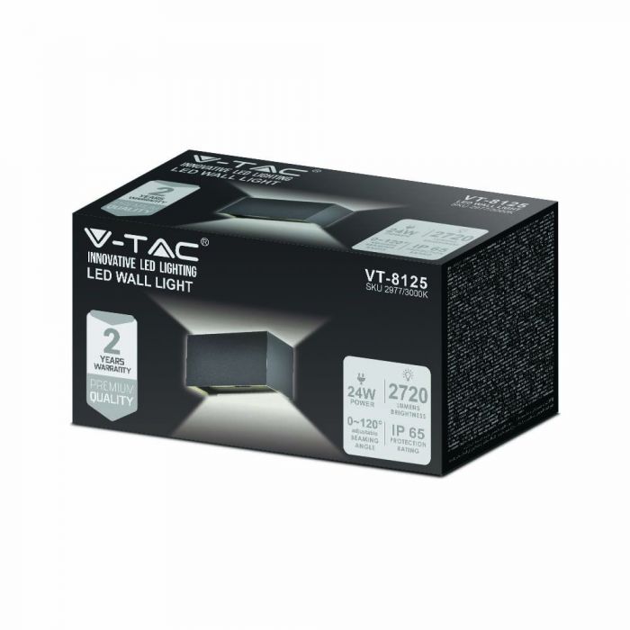 24W(2720Lm) LED Facade light, V-TAC, black, square, IP65, warm white light 3000K