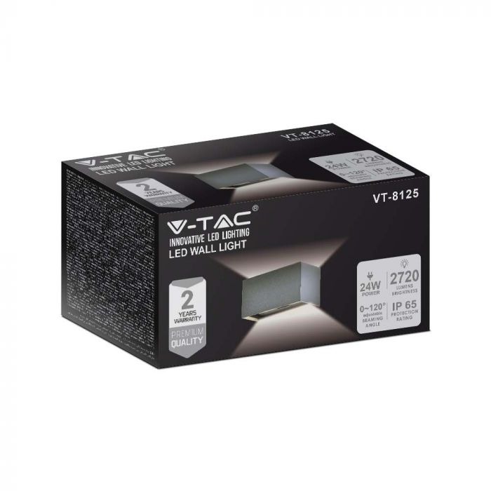 24W(2720Lm) LED Fasādes gaismeklis, V-TAC, kvadrāta, pelēks, IP65, neitrāli balta gaisma 4000K