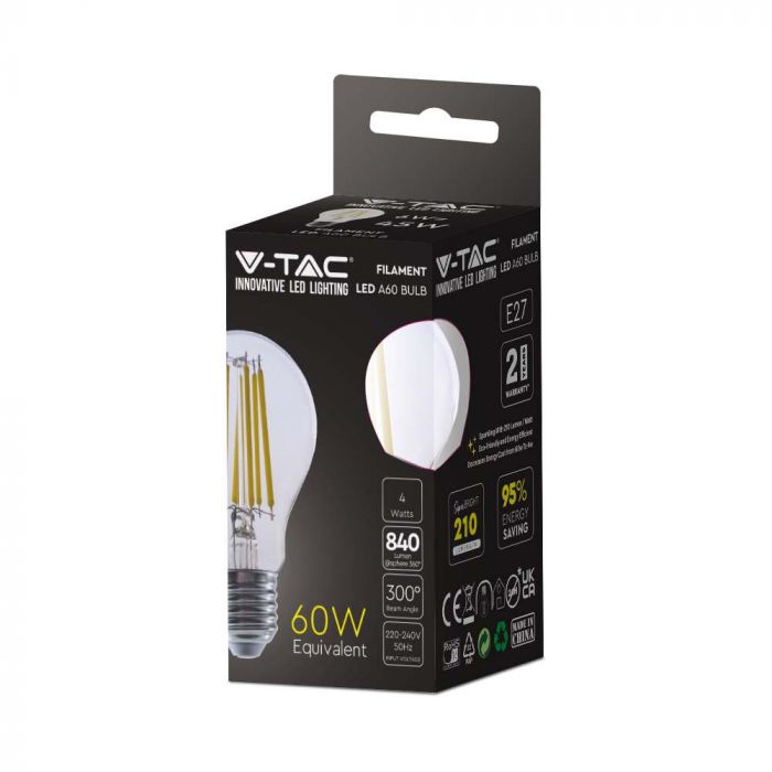 AKCIJA_E27 4W(840Lm) LED Spuldze Filament, V-TAC, IP20, A60, neitrāli balta gaisma 4000K