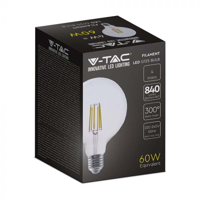E27 4W(840Lm) LED hõõgniit, G125, V-TAC, IP20, soe valge valgus 3000K