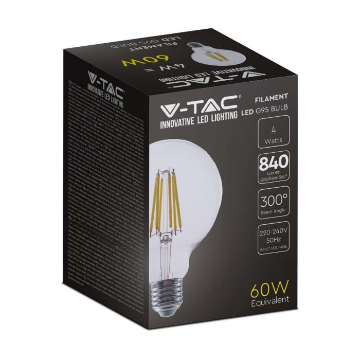 E27 4W(840Lm) LED-lambi hõõgniit, V-TAC, IP20, G95, soe valge valgus 3000K