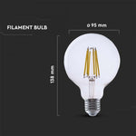 E27 4W(840Lm) LED-lambi hõõgniit, V-TAC, IP20, G95, soe valge valgus 3000K