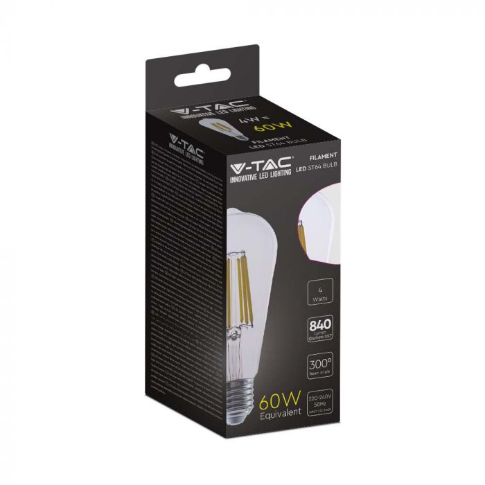 E27 4W(840Lm) LED Spuldze Filament, V-TAC, IP20, ST64, silti balta gaisma 3000K