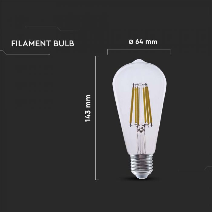 E27 4W(840Lm) LED-lampa Filament, V-TAC, IP20, ST64, varmvitt ljus 3000K