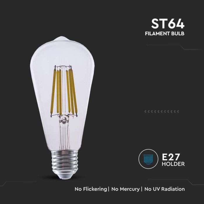 E27 4W(840Lm) LED Spuldze Filament, V-TAC, IP20, ST64, neitrāli balta gaisma 4000K