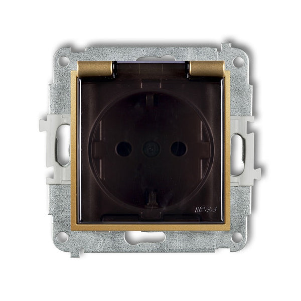 Розетка 1-контактная с защитой MINI с заземлением SCHUKO 2P+Z (прозрачная крышка), з/у, IP44, золото