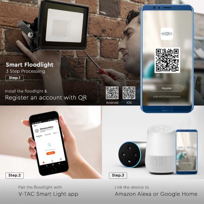 10W (725Lm) LED SMART Spotlight, V-TAC, kompatibel med AMAZON ALEXA & GOOGLE HOME,IP65, RGB+3IN1, RGB+3000K-6500K