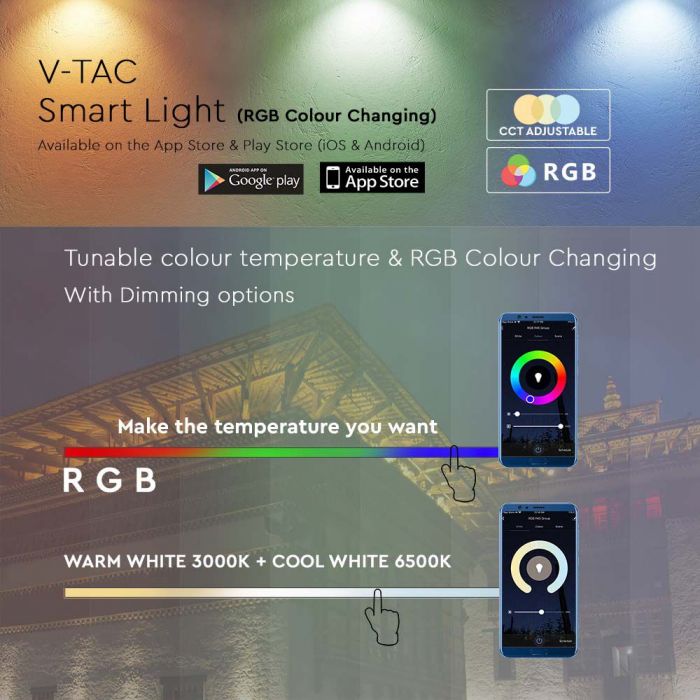 10W(725Lm) LED SMART Spotlight, V-TAC, совместим с AMAZON ALEXA и GOOGLE HOME, IP65, RGB+3IN1, RGB+3000K-6500K