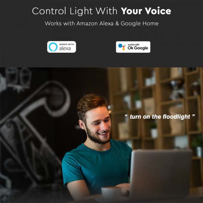 10W (725Lm) LED SMART Spotlight, V-TAC, kompatibel med AMAZON ALEXA & GOOGLE HOME,IP65, RGB+3IN1, RGB+3000K-6500K