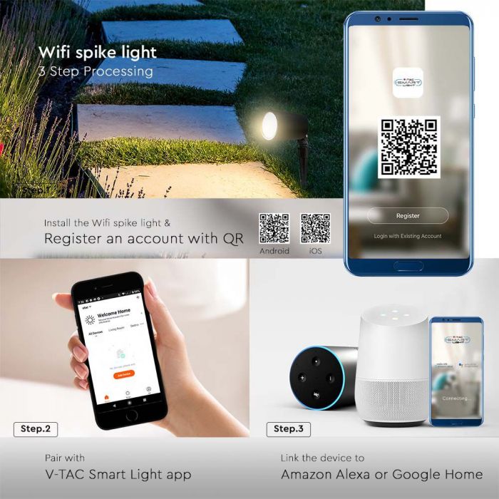 7W(520Lm) LED SMART zemē spraužams gaismeklis, savietojams ar AMAZON ALEXA & GOOGLE HOME, 3IN1+RGB, IP65, melns