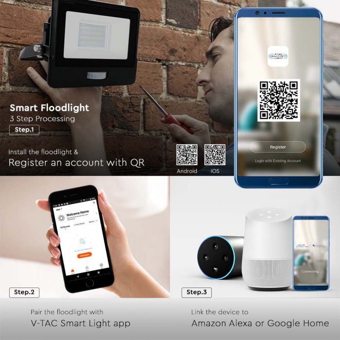 10W(725Lm) LED Prožektors ar kustības sensoru PIR, savietojams ar AMAZON ALEXA & GOOGLE HOME, V-TAC, RGB+3IN1, melns korpuss, RGB+3000K-6500K