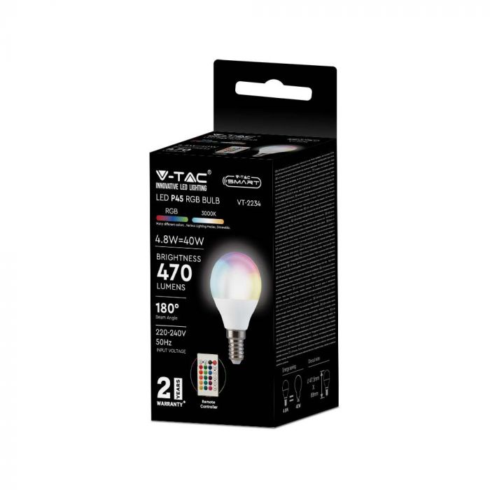 E14 4.8W(470Lm) LED Spuldze SMART, G45, V-TAC, ar tālvadības pulti, dimmējama, RGB+silti balta gaisma 3000K
