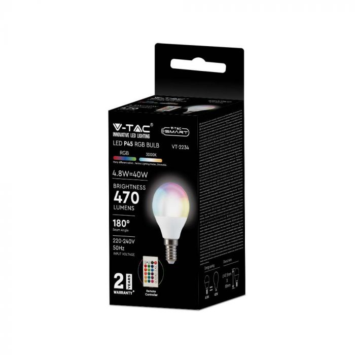 E14 4,8W (470Lm) LED SMART glödlampa, G45, V-TAC, fjärrkontroll, dimbar, RGB+ljusstarkt vitt ljus 3000K