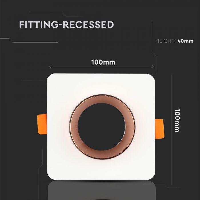 GU10 iebūvējams ģipša karkass/armatūra, kvadrāta formas, balts/golden rose,100x100x40mm, iebūv. izm. Ø80mm, V-TAC