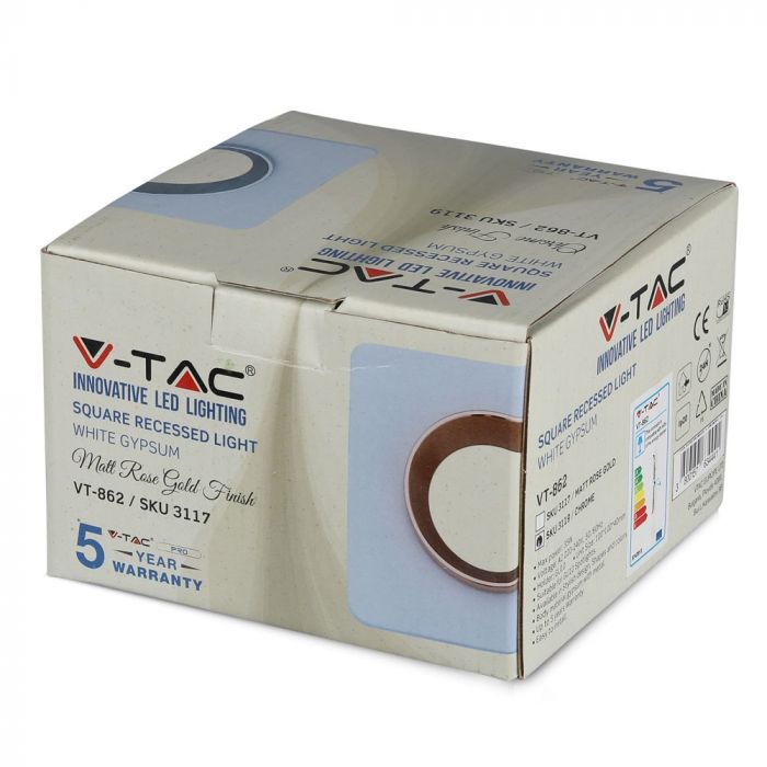 GU10 recessed plaster frame/fixture, square, white/chrome, 100x100x40mm, recessed. Size: 5 mm Ø80mm, V-TAC