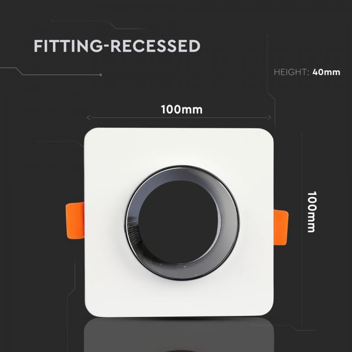 GU10 recessed plaster frame/fixture, square, white/chrome, 100x100x40mm, recessed. Size: 5 mm Ø80mm, V-TAC