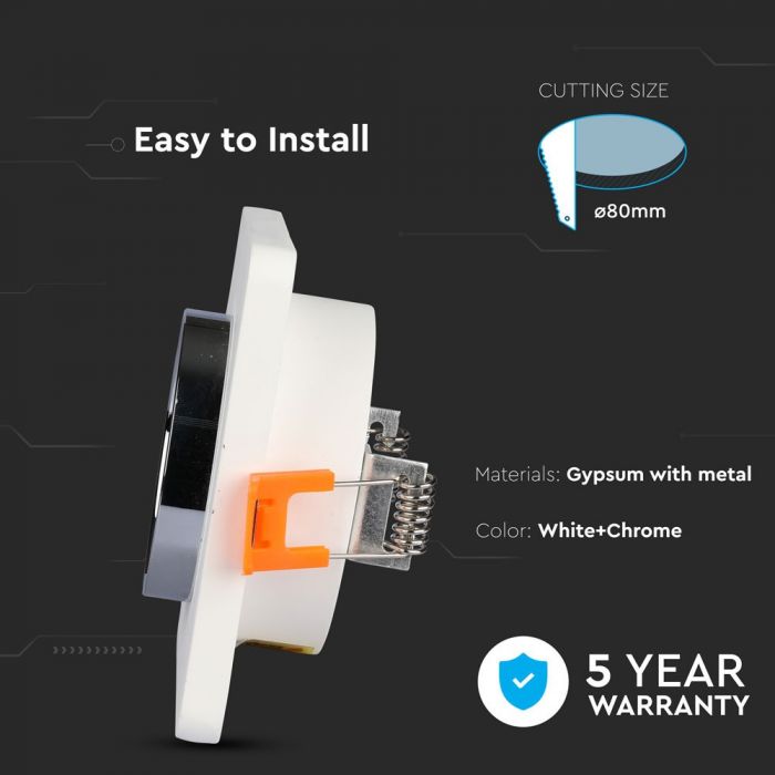 GU10 recessed plaster frame/fixture, square, white/chrome, 100x100x40mm, recessed. Size: 5 mm Ø80mm, V-TAC