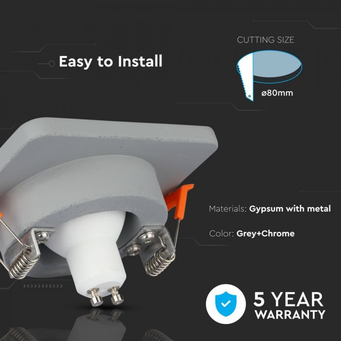 Встраиваемая гипсовая рамка/светильник GU10, квадратная, серый/хром, 100x100x40 мм, встраиваемая. Размер: 5 мм Ø80 мм, V-TAC