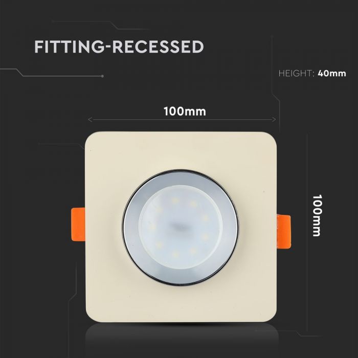 GU10 infälld gipsram/armatur, kvadratisk, offwhite/krom, 100x100x40mm, infälld. Storlek: 3,5 mm Ø80 mm, V-TAC