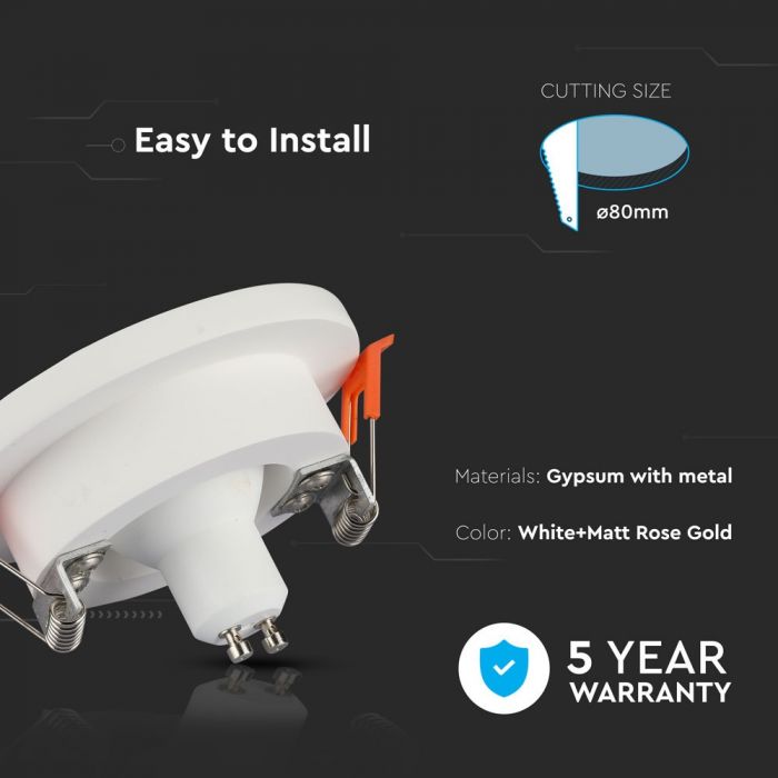 GU10 infälld gipsram/armatur, rund, vit/gyllenrosa, Ø100x40mm, infälld. Storlek: x x x x x x Ø80mm, V-TAC