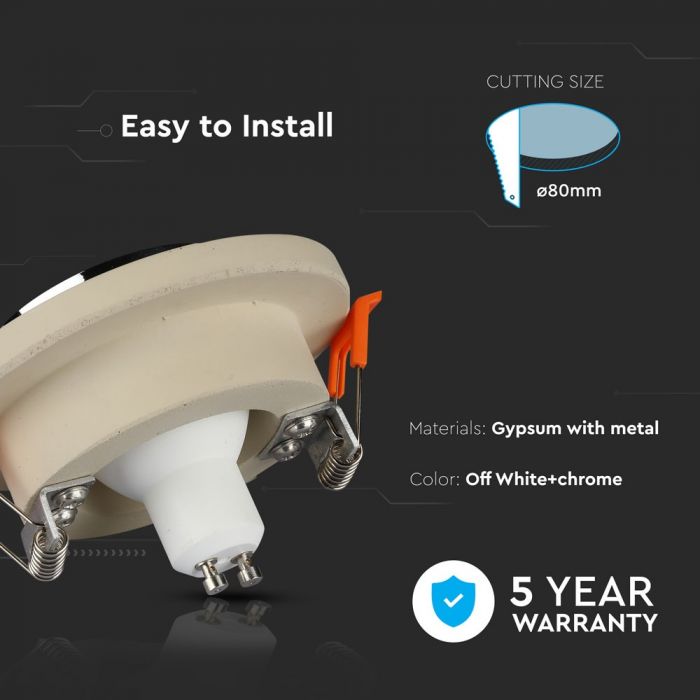GU10 встраиваемая гипсовая рамка/светильник, круглая, цвет белый/хром, Ø100x40 мм, встраиваемая. size: 10x40x40x40x40x40x40x40x40x40x40. Ø80 мм, V-TAC
