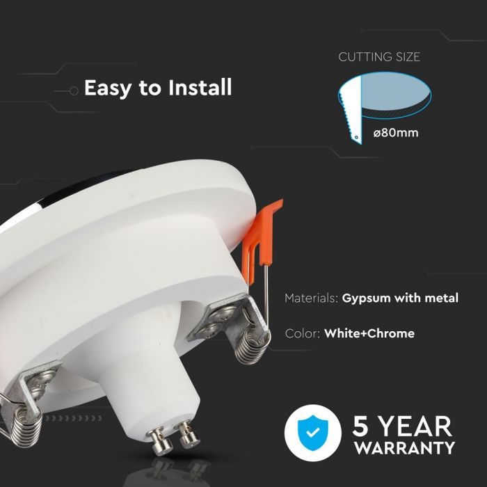 GU10 встраиваемая гипсовая рамка/светильник, круглая, белый/хром, Ø100x40 мм, встраиваемая. Размер: 5 мм Ø80 мм, V-TAC