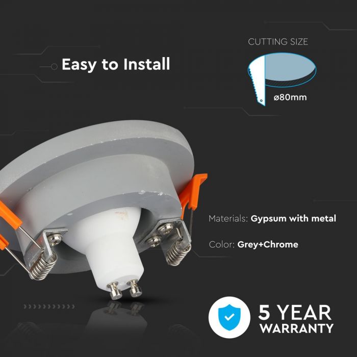 GU10 infälld gipsram/armatur, rund, grå/krom, Ø100x40mm, infälld. size: 4040x40x40x40x40x40x40x40. Ø80mm, V-TAC