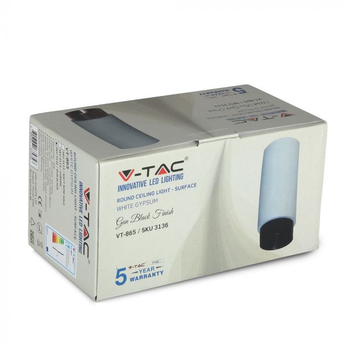 GU10 Gipsram, rund, vit/svart, Ø80x200mm, V-TAC
