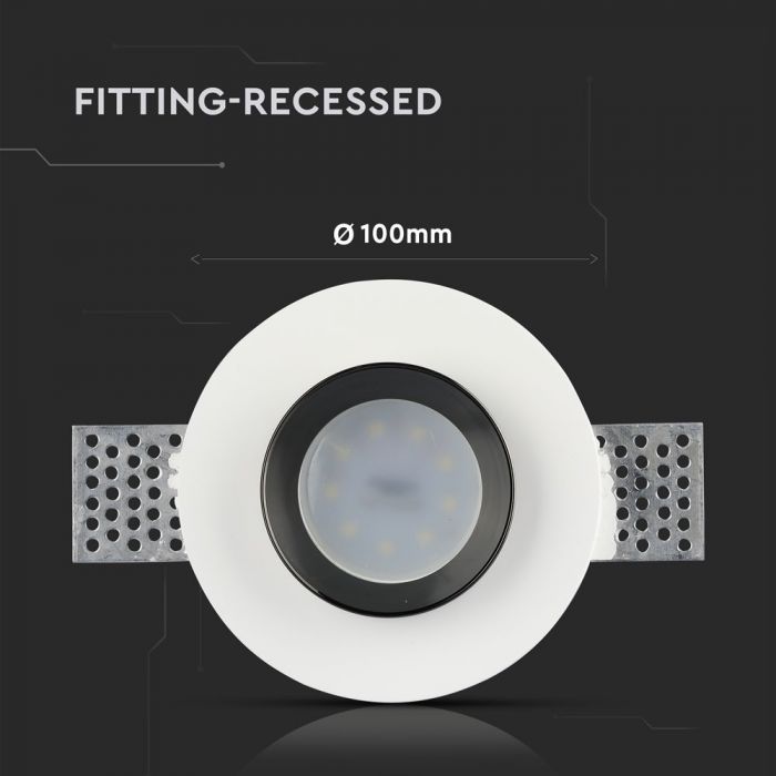 GU10 iebūvējams ģipša karkass/armatūra, apaļas formas, balts/melns, Ø100mm, iebūv. izm. Ø103mm, V-TAC