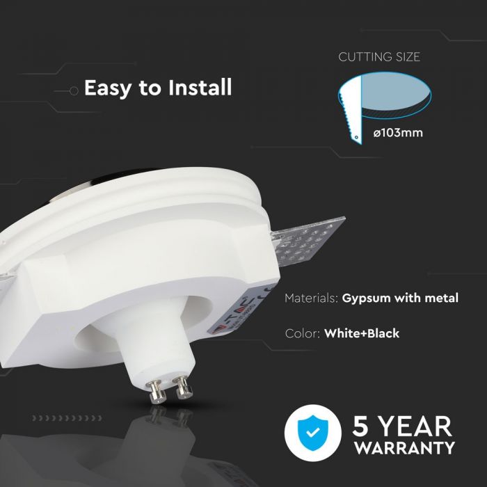 GU10 recessed plaster frame/fixture, round, white/black, Ø100mm, recessed Size: 10 mm, mm Ø103mm, V-TAC