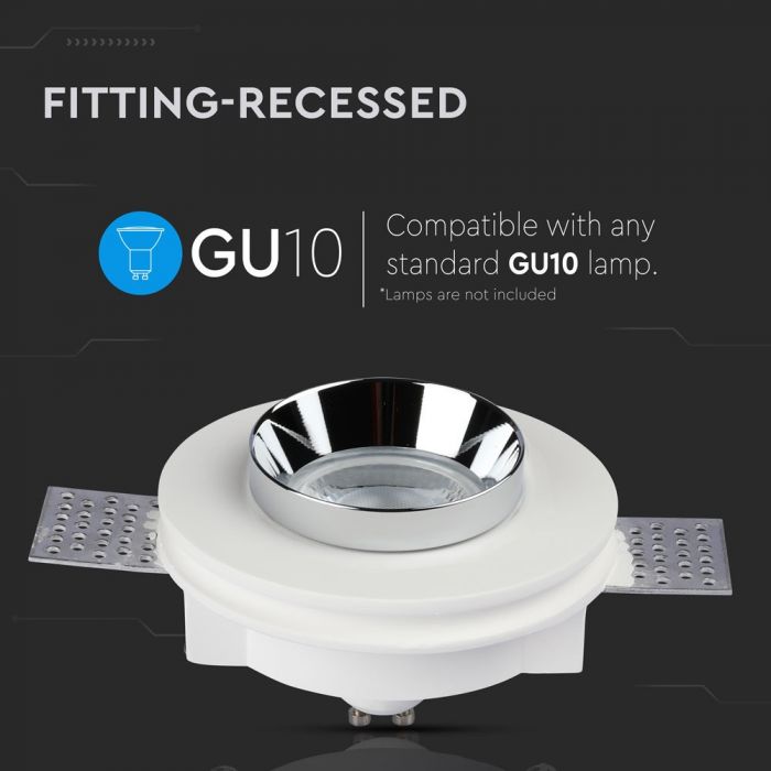 GU10 infälld gipsram/armatur, rund, vit/krom, Ø100mm, infälld Storlek: 10 mm, mm Ø103mm, V-TAC