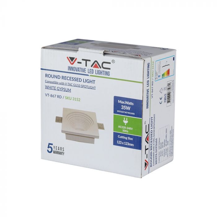 GU10 recessed plaster frame/fixture, square, white, 120x120mm, recessed Size: 120120x120. 125x125mm, V-TAC