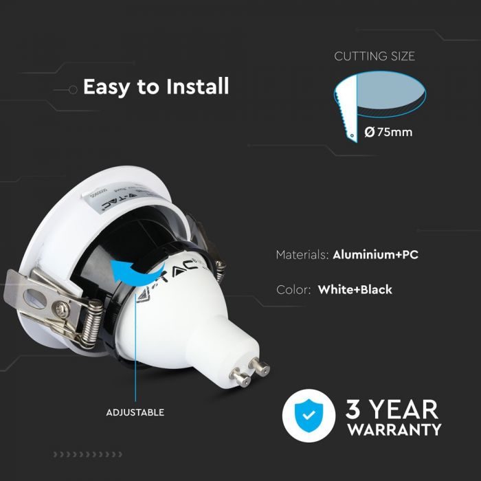 GU10 recessed frame/fixture, round, adjustable light direction, Ø80X42mm, recessed Ø75mm, white/black, V-TAC