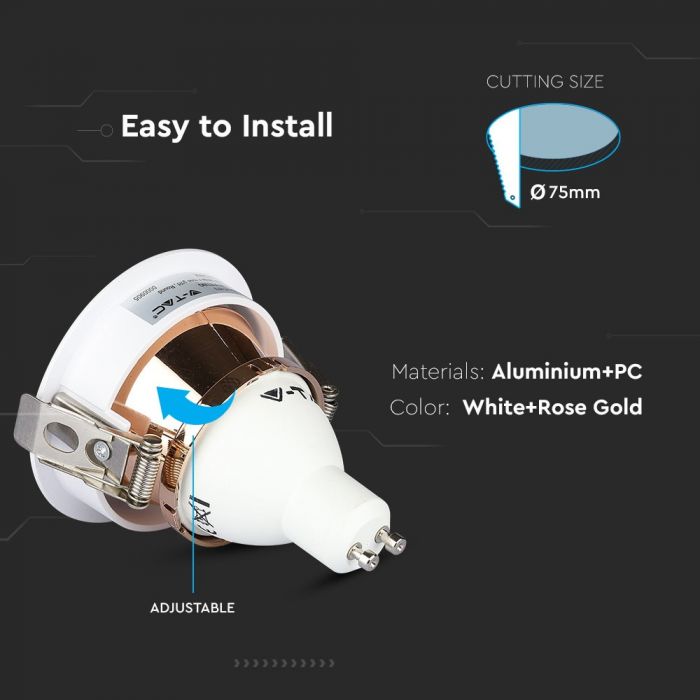 GU10 recessed frame/fixture, round, adjustable light direction, Ø80X42mm, recessed Ø75mm, white/rose gold, V-TAC