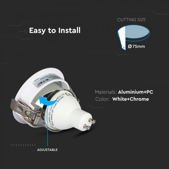 GU10 recessed frame/fixture, round, adjustable light direction, Ø80X42mm, recessed Ø75mm, white/chrome, V-TAC