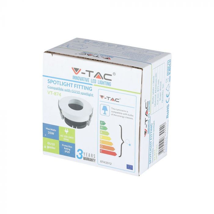 GU10 süvistatav raam/valgusti, ümmargune, reguleeritav valguse suund, Ø80X42mm, süvistatav Ø75mm, valge/must, V-TAC