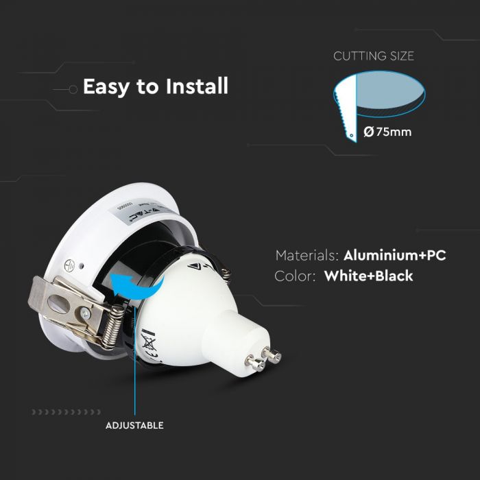 GU10 recessed frame/fixture, round, adjustable light direction, Ø80X42mm, recessed Ø75mm, white/black, V-TAC