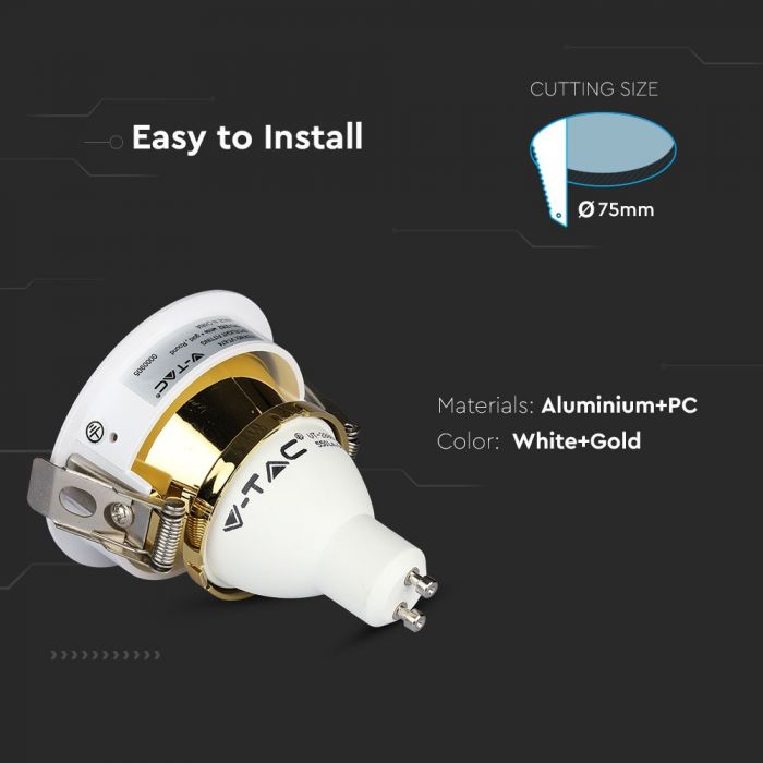 GU10 infälld ram/armatur, rund, justerbar ljusriktning, Ø80X42mm, infälld Ø75mm, vit/guldfärgad, V-TAC