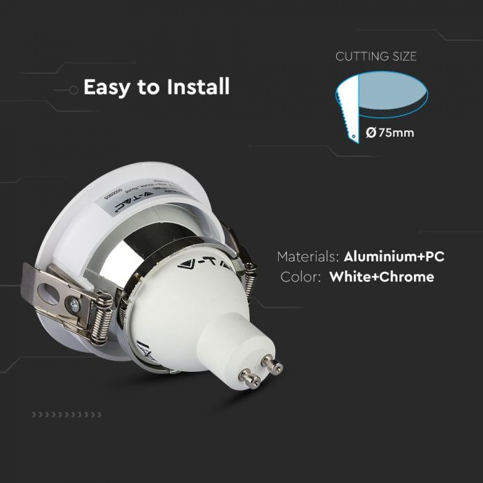 GU10 infälld ram/armatur, rund, justerbar ljusriktning, Ø80X42mm, infälld Ø75mm, vit/krom, V-TAC