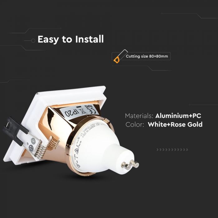 Встраиваемая рамка/светильник GU10, квадратная, 85x85X62 мм, встраиваемая. Диммер. 80x80 мм, белый/розовое золото, V-TAC